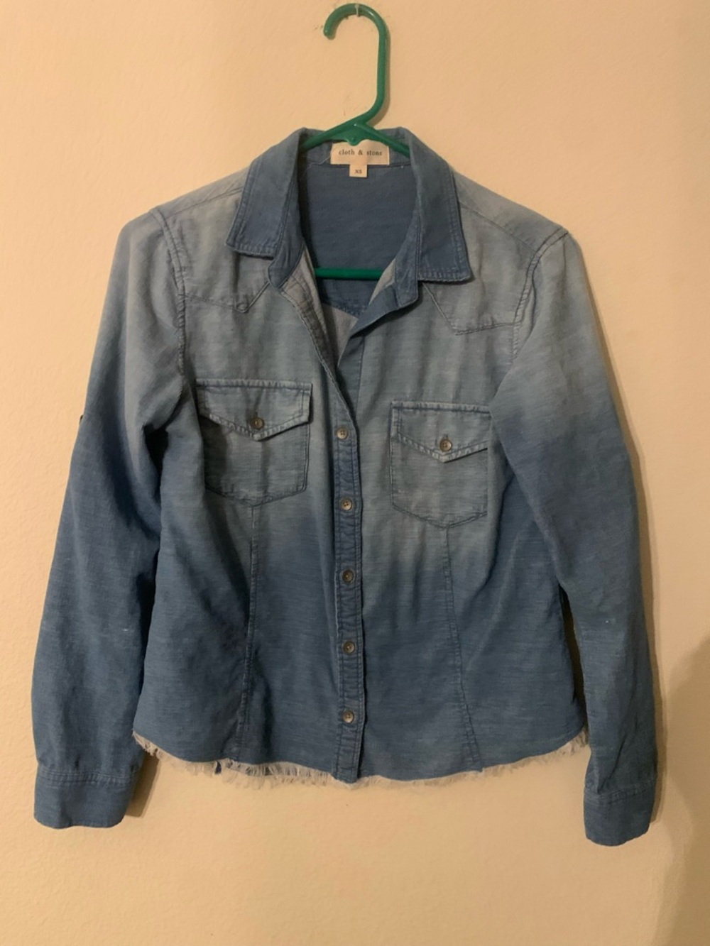 cloth & stone light blue denim long sleeve shirt with stitched neckline